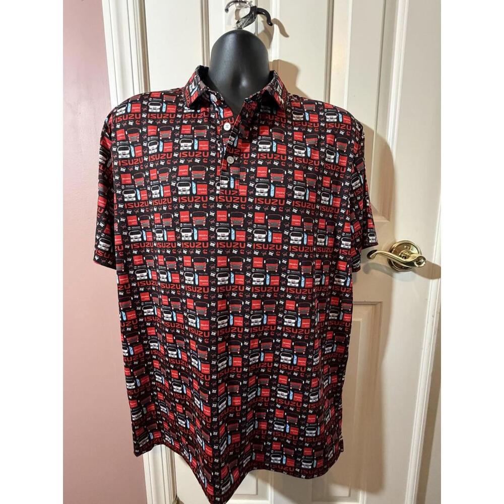 Fore Fathers Polo Shirt Mens L Black Red All Over Pattern Isuzu Truck Stretch